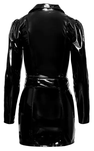 Black Level Vinyl Mini Dress L - Shiny Black Coat-Style Belted Design