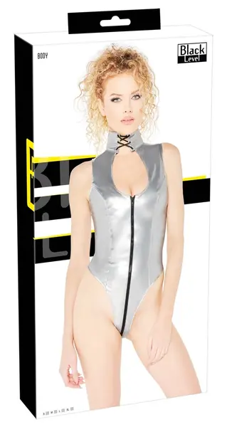 Black Level Silver Vinyl Bodysuit XL - High Neck & 2-Way Zip