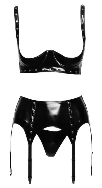 Black Level Vinyl Shelf Bra Set L - Glossy 3-Piece Adjustable Lingerie