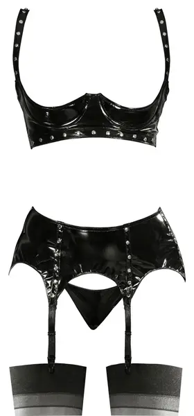 Black Level Vinyl Shelf Bra Set M - Glossy 3-Piece Outfit, Adjustable Straps