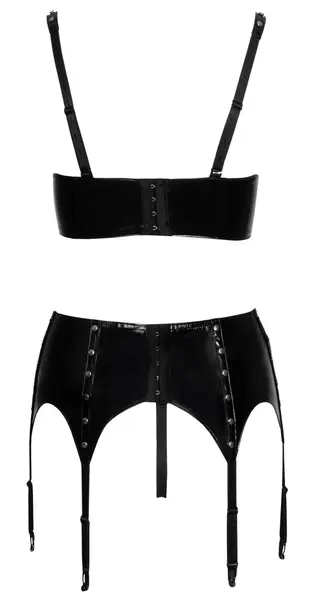 Black Level Vinyl Shelf Bra Set M - Glossy 3-Piece Outfit, Adjustable Straps