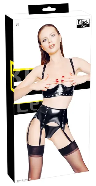 Black Level Vinyl Shelf Bra Set S - Glossy 3-Piece with Rivet Detail