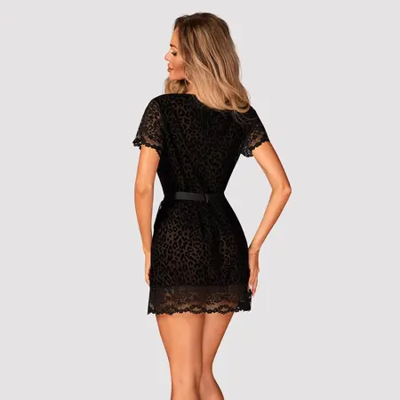 Obsessive Giully L/XL Women’s Leopard Print Peignoir, Black, Satin Tie