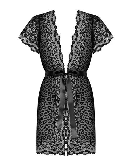 Obsessive Giully L/XL Women’s Leopard Print Peignoir, Black, Satin Tie