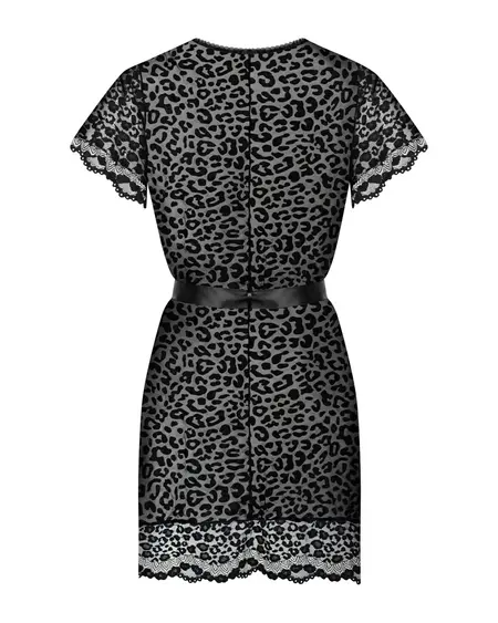 Obsessive Giully L/XL Women’s Leopard Print Peignoir, Black, Satin Tie