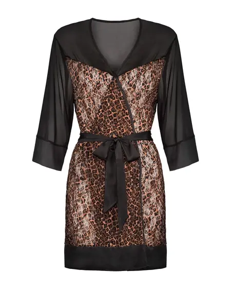 Obsessive Allunes Peignoir 2XL/3XL Black Satin Animal Print Robe