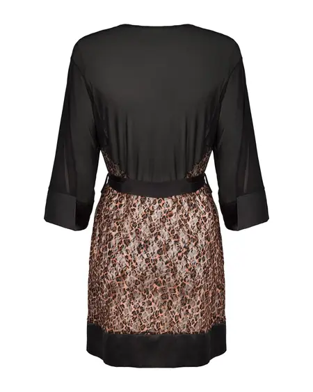 Obsessive Allunes Peignoir 2XL/3XL Black Satin Animal Print Robe