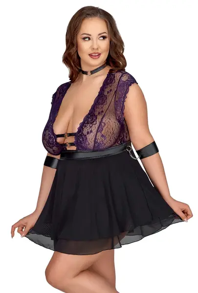 Cottelli Bondage Plus Babydoll Set XL - Lilac Lace & Black Powernet