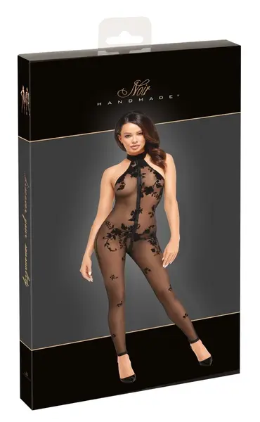 Noir Handmade Mesh Catsuit XL with 3-Way Zipper, Floral Velvet Pattern