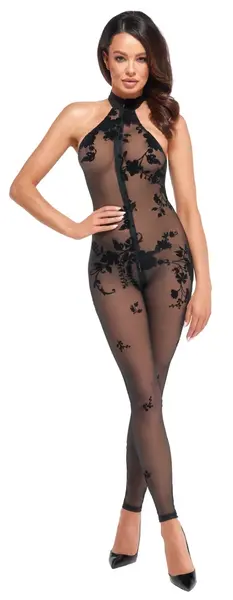Noir Handmade Mesh Catsuit XL with 3-Way Zipper, Floral Velvet Pattern
