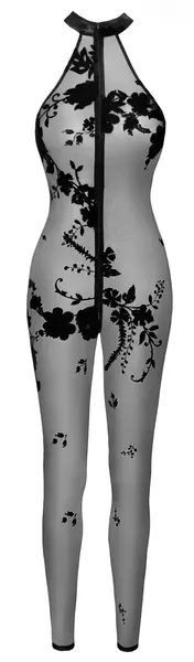 Noir Handmade Mesh Catsuit XL with 3-Way Zipper, Floral Velvet Pattern