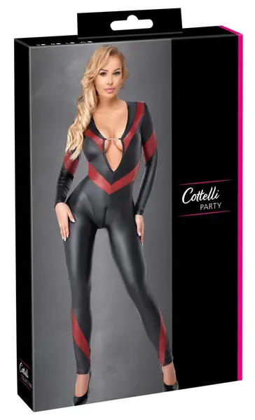 Cottelli PARTY Jumpsuit Black/Red M - Matt Stretch, 3-Way Zipper