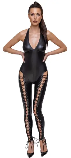 Cottelli PARTY Jumpsuit Black Matte Lacing M - Stretch Halterneck Suit