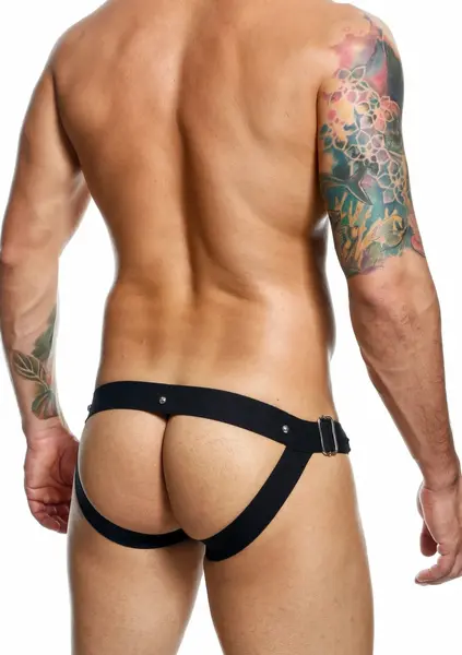 DNGEON Snap Jockstrap Black Faux Leather Chain-Link Front L/XL