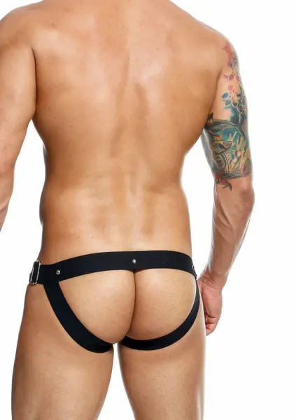 DNGEON Snap Jockstrap Black Faux Leather Chain-Link Front L/XL