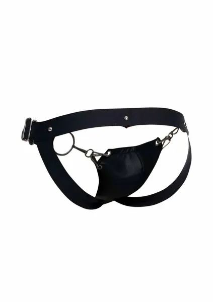DNGEON Snap Jockstrap Black Faux Leather Chain-Link Front L/XL