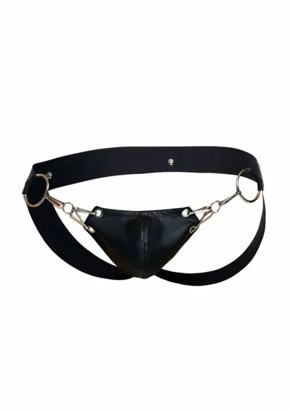 DNGEON Snap Jockstrap Black Faux Leather Chain-Link Front L/XL