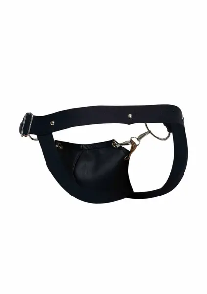 DNGEON Snap Jockstrap Black Faux Leather Chain-Link Front L/XL