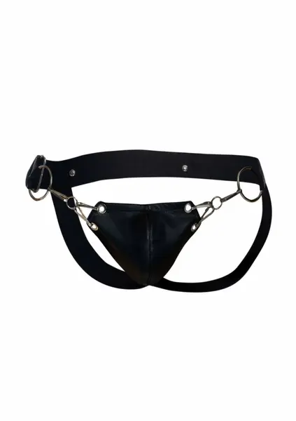 DNGEON Snap Jockstrap Black Faux Leather Chain-Link Front L/XL