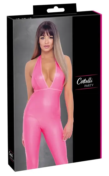 Cottelli Party Jumpsuit Neon Pink L - Shiny Halterneck Bodysuit