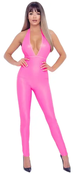 Cottelli Party Jumpsuit Neon Pink L - Shiny Halterneck Bodysuit