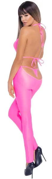 Cottelli Party Jumpsuit Neon Pink L - Shiny Halterneck Bodysuit