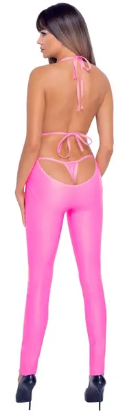 Cottelli PARTY Neon Pink Jumpsuit S - Shiny Halterneck Bodysuit