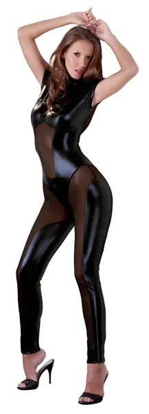 Cottelli Collection Jumpsuit Black Wet Look L with Powernet Inserts