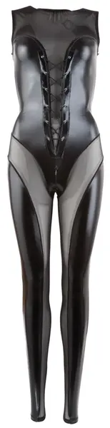 Cottelli Collection Wetlook Jumpsuit S - Transparent Powernet, Black