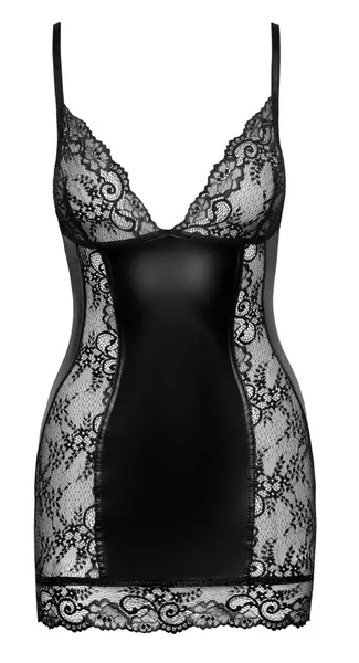 Noir Handmade Powerwetlook Mini Dress with Lace XL Black