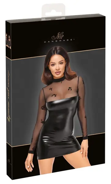 Noir Handmade Dress Flock XL - Elegant Powerwetlook & Velvet Mesh