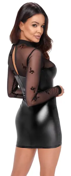 Noir Handmade Dress Flock XL - Elegant Powerwetlook & Velvet Mesh