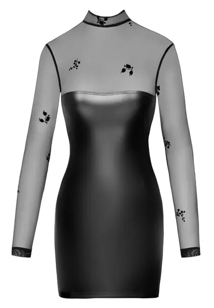 Noir Handmade Dress Flock XL - Elegant Powerwetlook & Velvet Mesh
