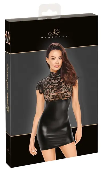 Noir Handmade Dress XL - Black Lace & Powerwetlook, Stand-Up Collar