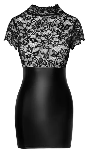 Noir Handmade Dress XL - Black Lace & Powerwetlook, Stand-Up Collar