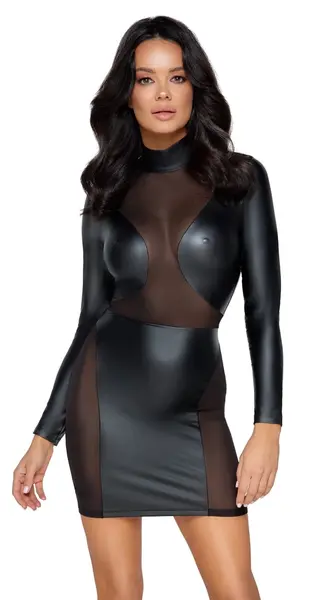 Noir Handmade Dress XL Black Matte Long Sleeve with Mesh Detail