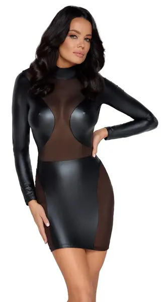 Noir Handmade Dress XL Black Matte Long Sleeve with Mesh Detail