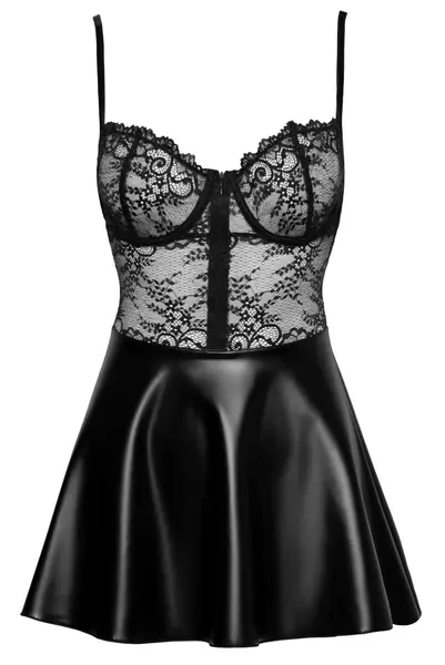 Noir Handmade Lace & Wet Look Dress XL - Elegant Contrast Design