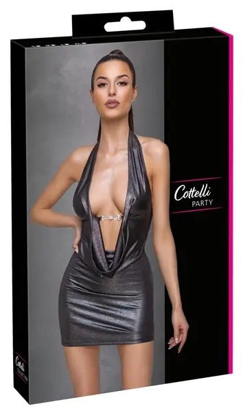 Cottelli PARTY Silver Mini Dress S - Shiny, Backless, Rhinestone Accent