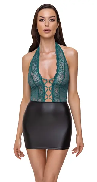 Cottelli Lingerie Dress Black/Teal L - Elegant Lace & Matte Look, Open Back