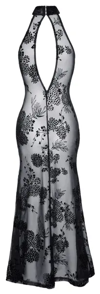 Noir Handmade Dress Long L - Floral Powernet, High Slit, Black