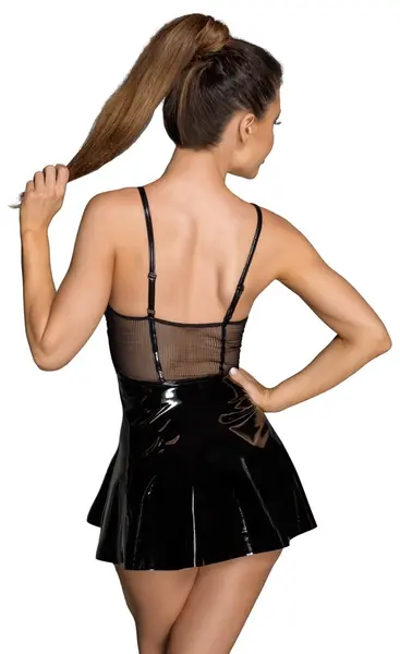 Noir Handmade Vinyl Mini Dress M with Embroidered Bust and Adjustable Straps