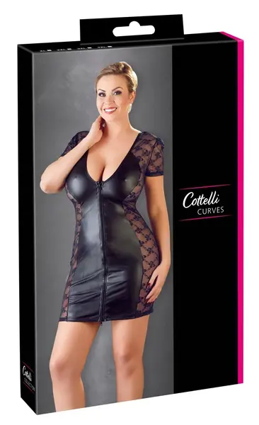 Cottelli Collection Dress 2 Way Zip 4XL Black Lace Panel Short Sleeve