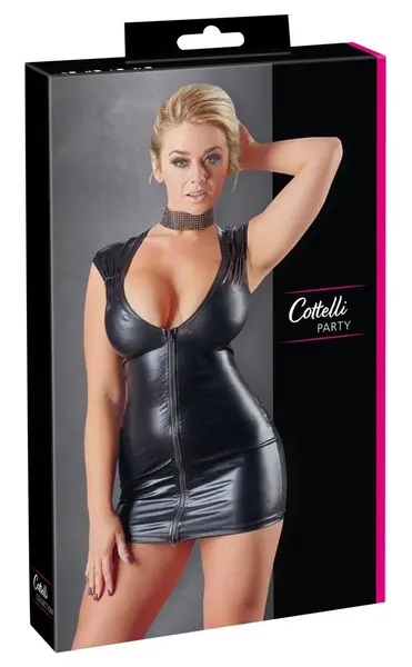 Cottelli Collection Wet Look Black Dress L with Two-Way Zipper