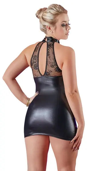 Cottelli Collection Black Lace & Wet Look Dress XL, Stand-Up Collar