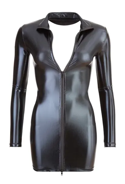 Cottelli Collection Dress L Black Shiny High-Neck Zip Long Sleeve