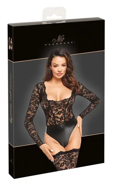 Noir Handmade Lace and Wet Look Long Sleeve Body XL