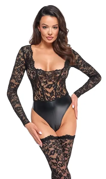 Noir Handmade Lace and Wet Look Long Sleeve Body XL
