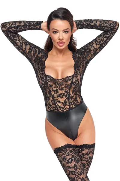 Noir Handmade Lace and Wet Look Long Sleeve Body XL