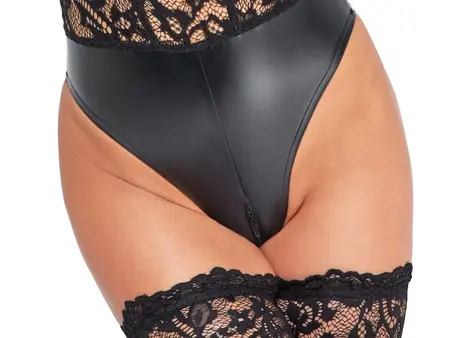 Noir Handmade Lace and Wet Look Long Sleeve Body XL